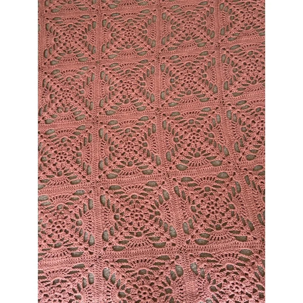 Vintage Style Handmade Crochet Blanket Pink Floral Medallion Cottagecore 64x80